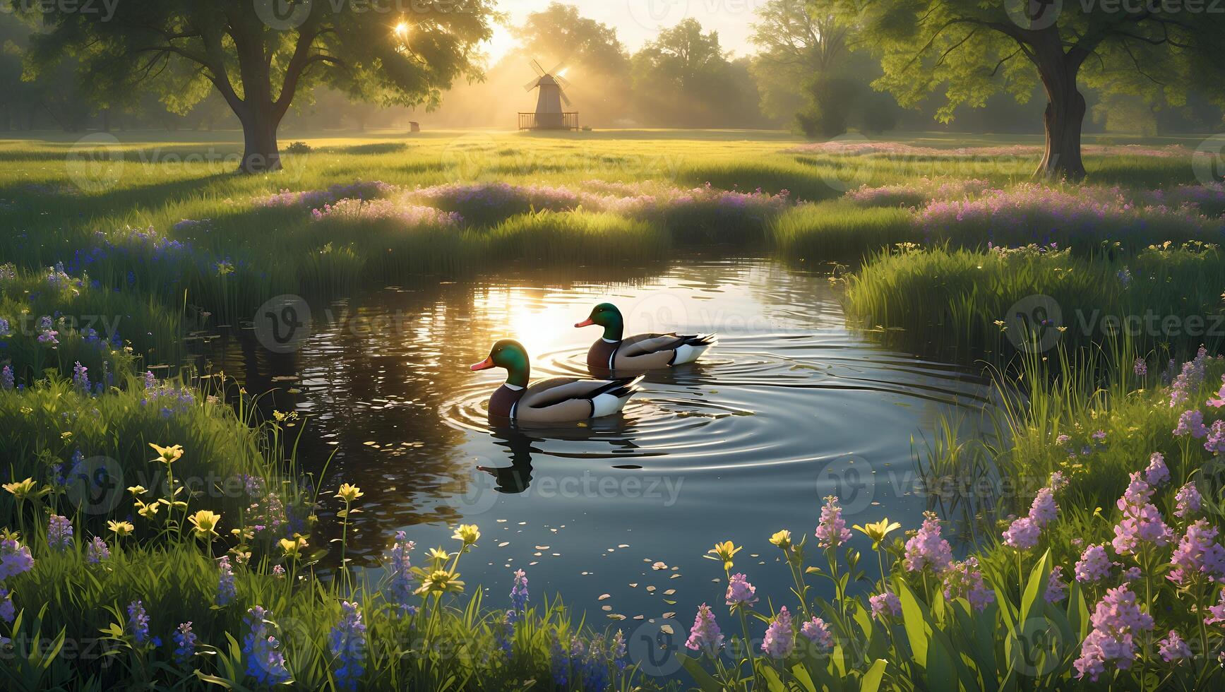 Ducks Swimming in Pond at Sunrise with Windmill in Background photo