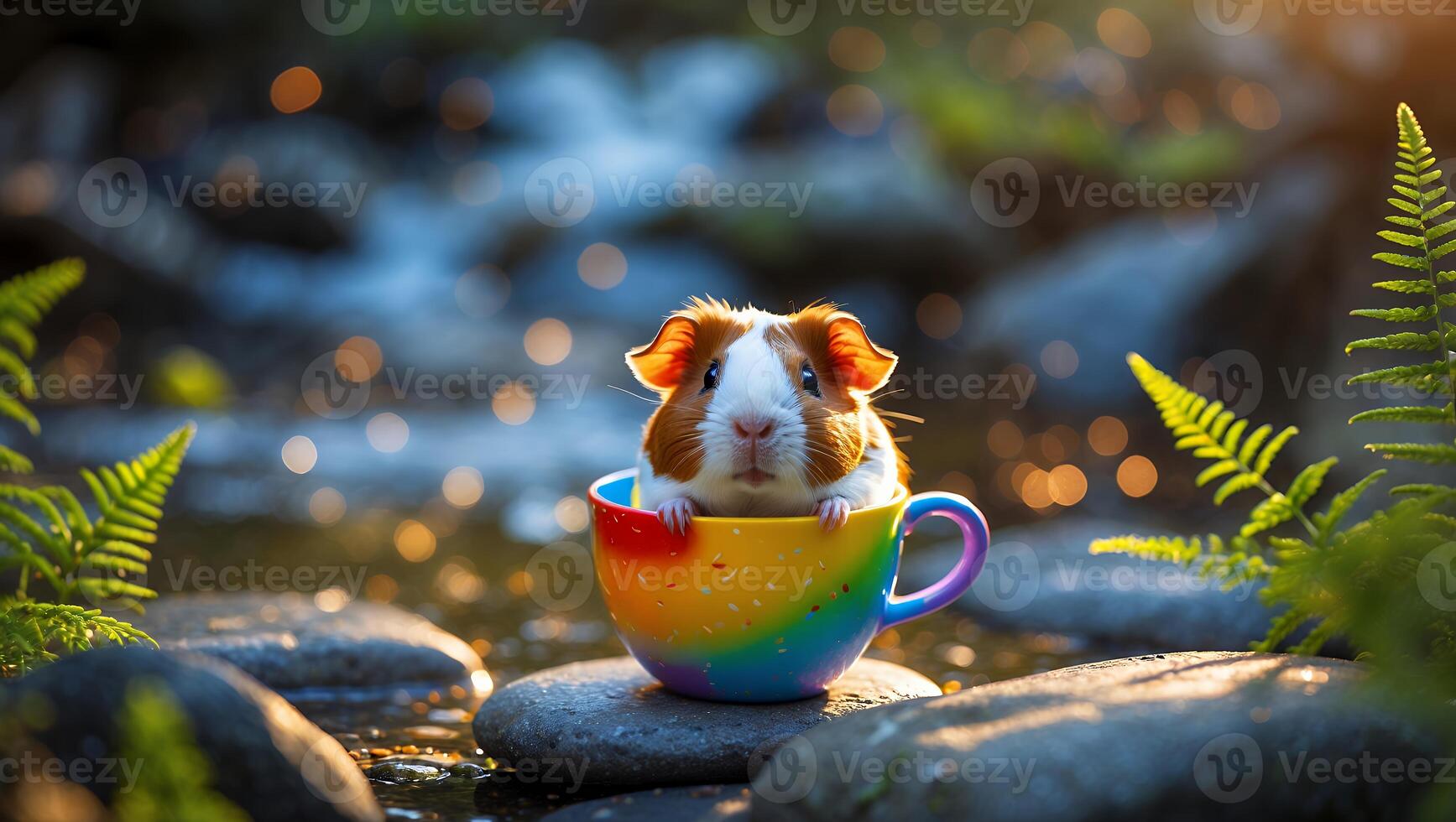 Guinea Pig Sitting in Cup in Nature with Bokeh Background photo