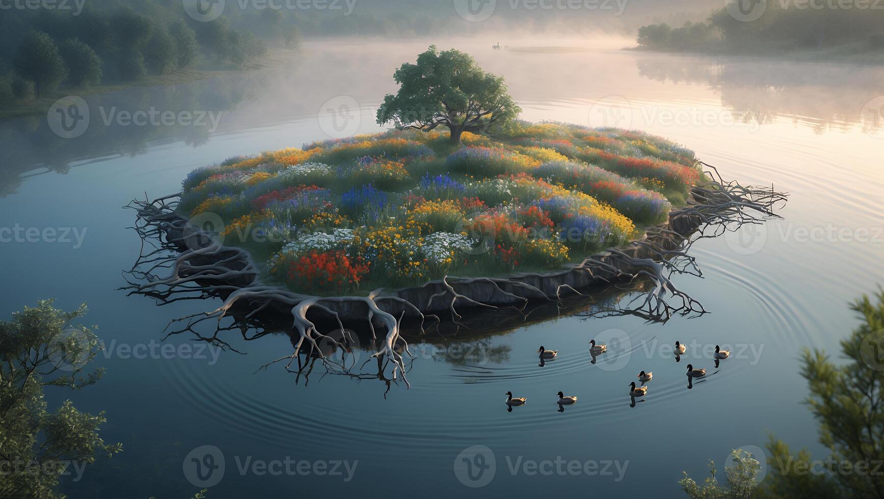 Island of Flowers and Tree in Lake with Ducks Swimming photo