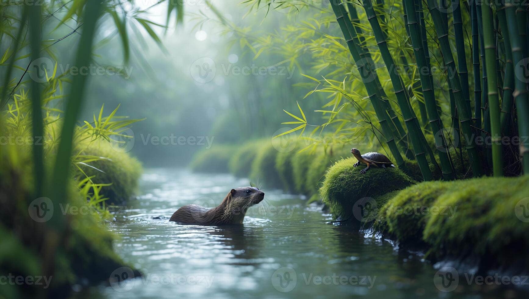 Otter Swimming Through Stream with Turtle on Mossy Bank photo