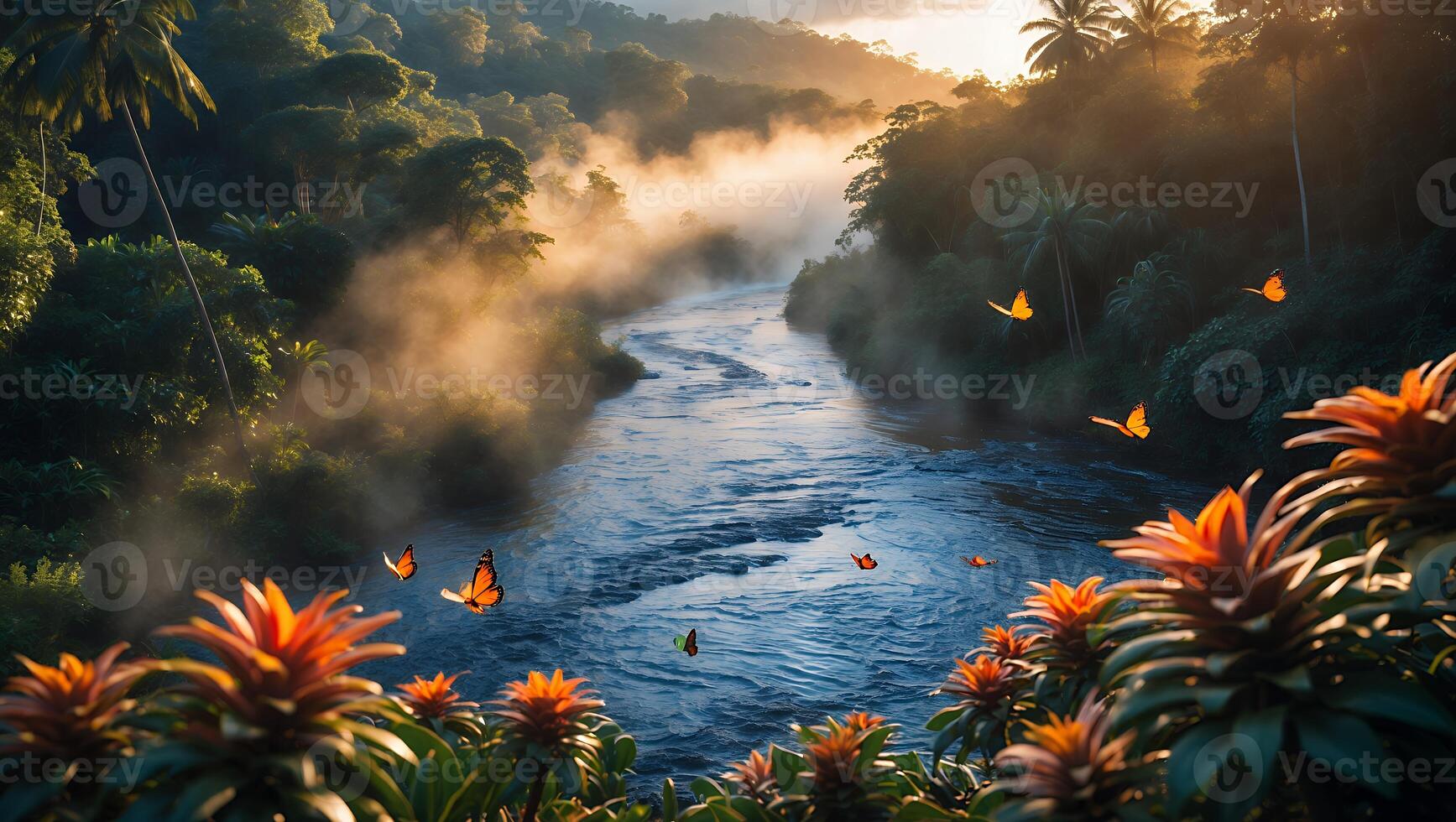 River Flowing Through Lush Tropical Forest with Butterflies at Sunrise photo