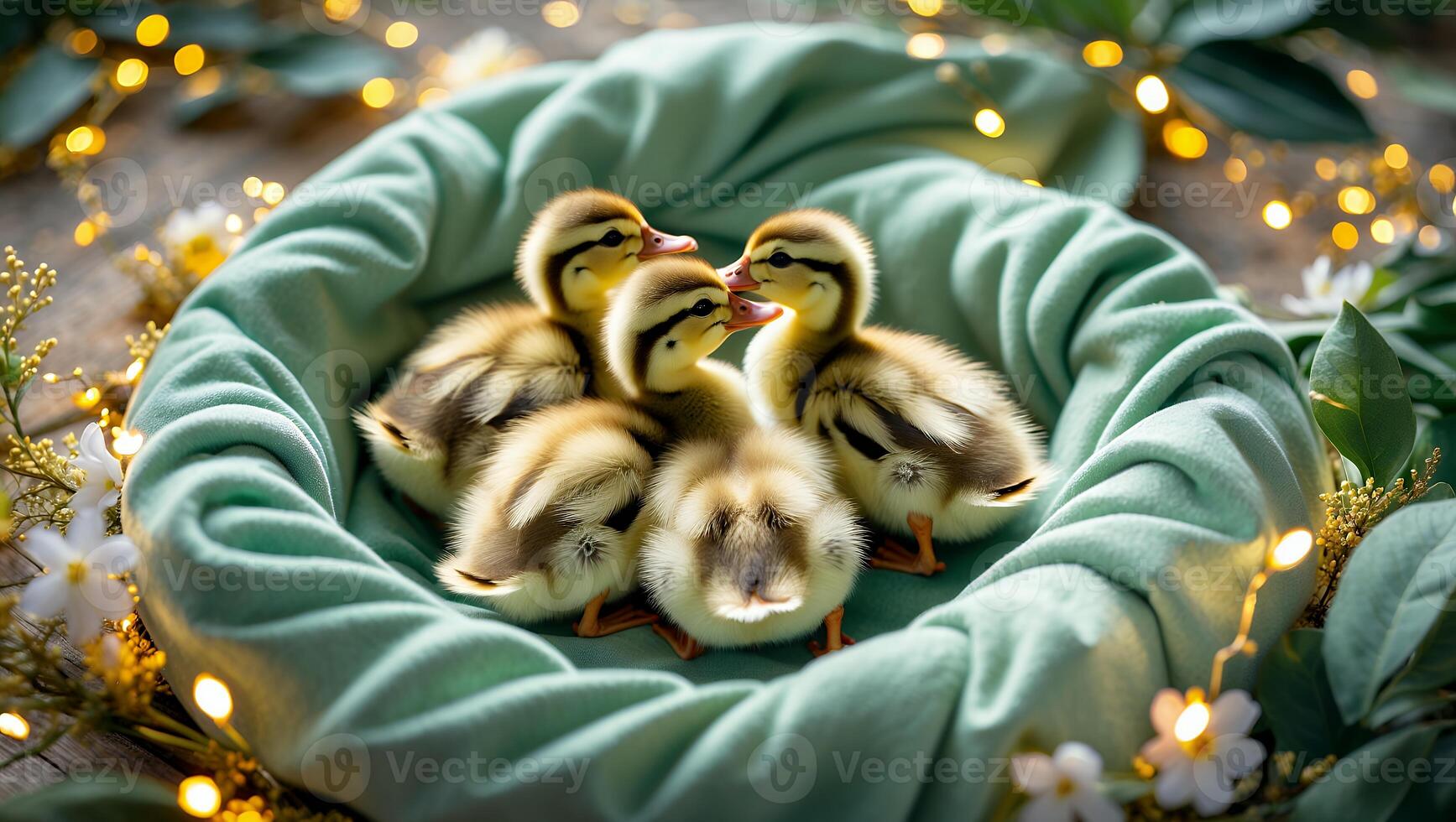 Ducklings Huddling in Fabric Nest Surrounded by Floral Decoration photo