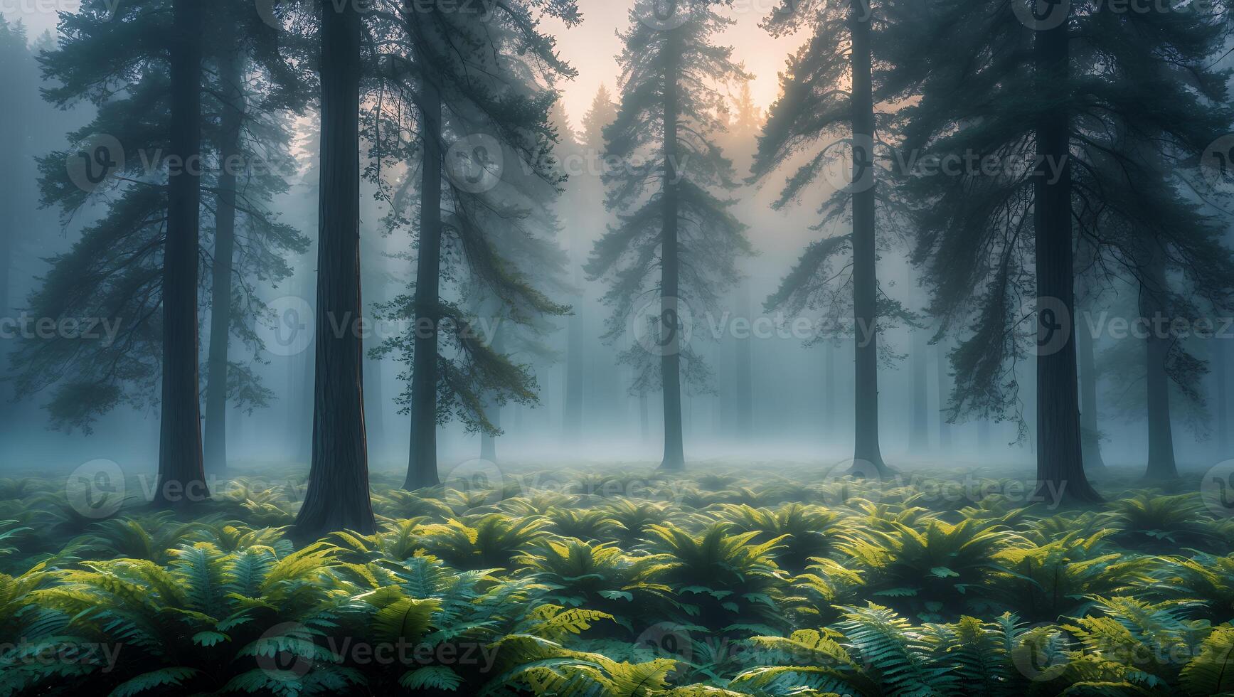 Foggy Forest Scene with Ferns and Tall Pine Trees at Dusk photo