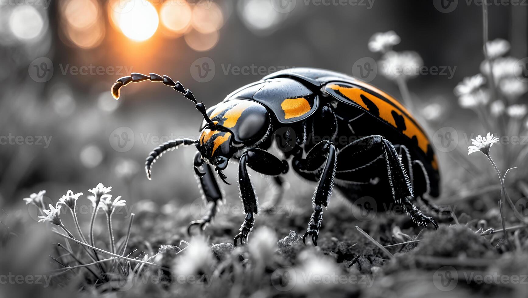 Close-up of Beetle Walking Through Flowers at Sunset with Bokeh photo