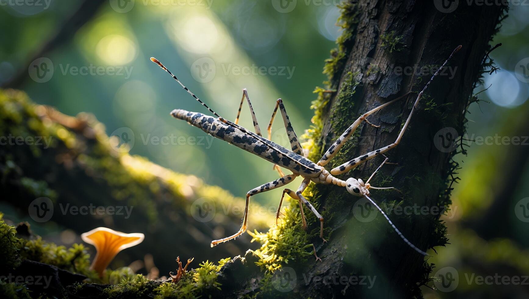 Stick Insect Walking on Mossy Tree Branch in Forest photo