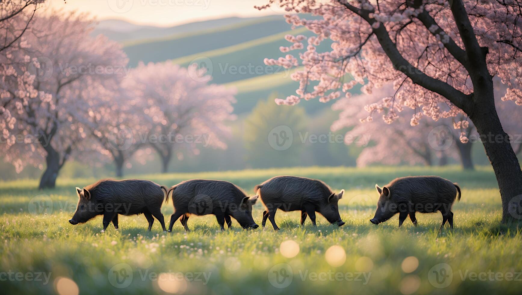 Wild Boar Foraging in Spring Meadow with Blooming Cherry Trees photo