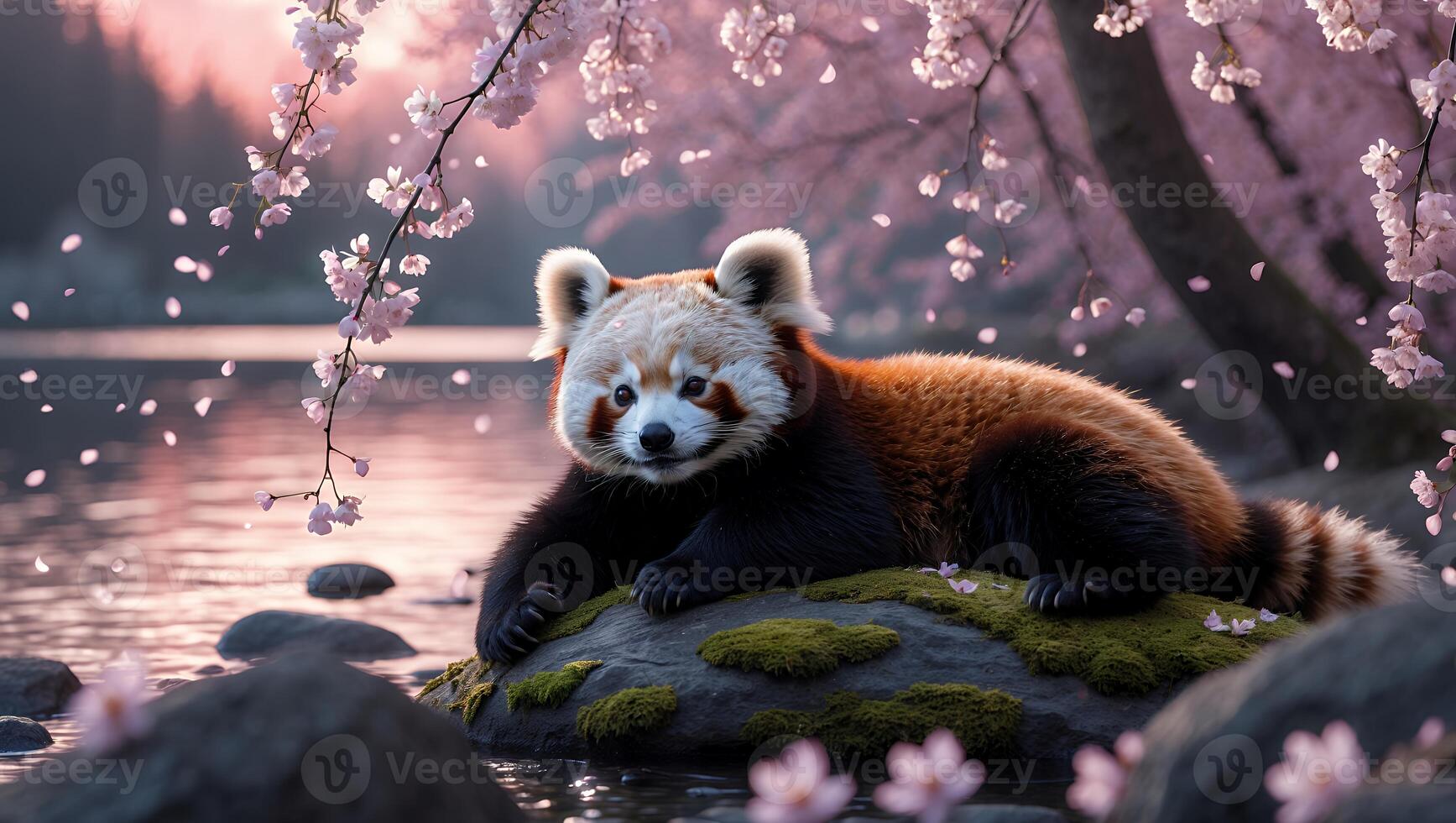 Resting Red Panda with Cherry Blossoms Near Serene Lakeside photo