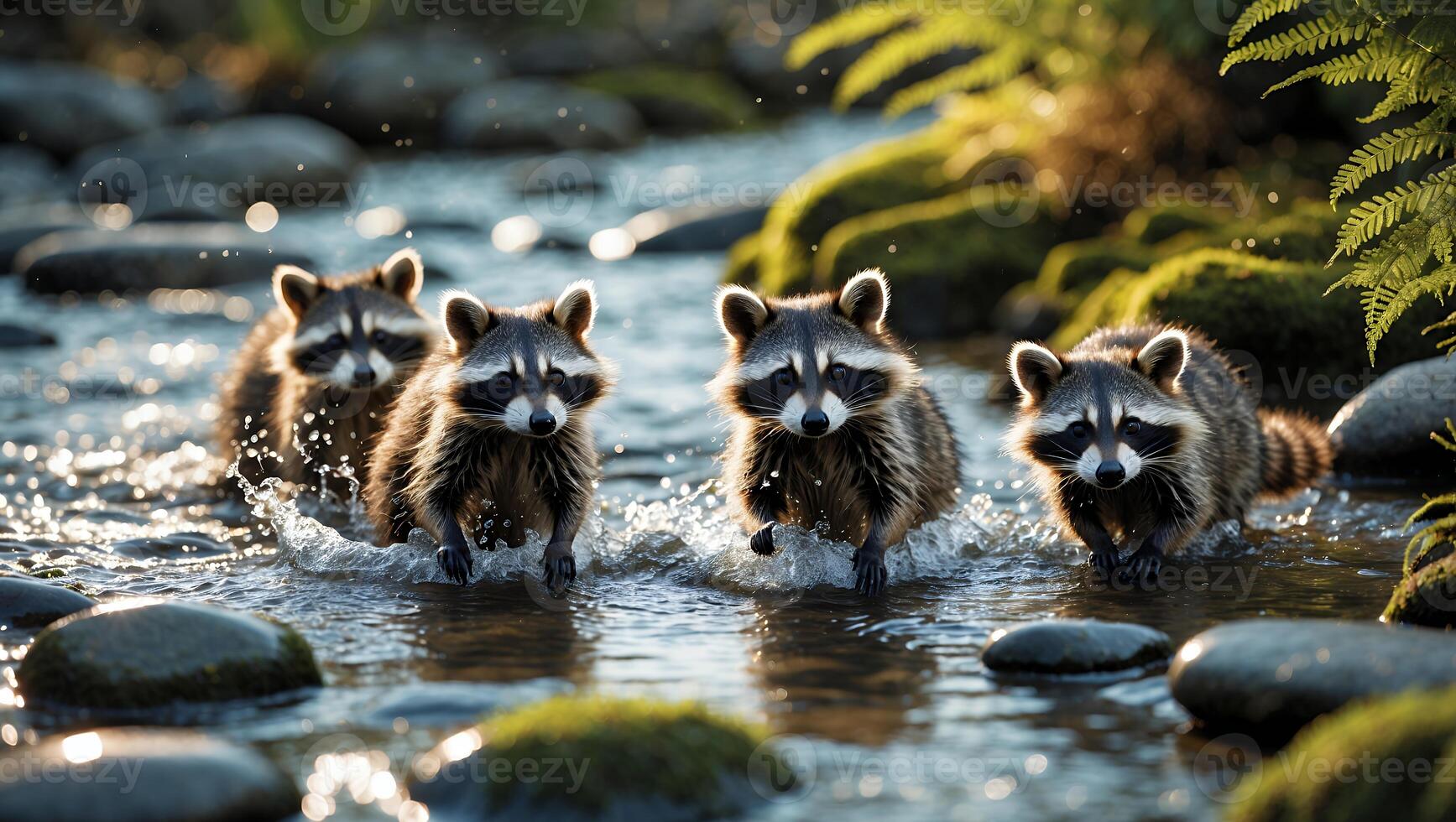 Raccoons Wading Through Shallow River Water Under Sunlight in Nature photo
