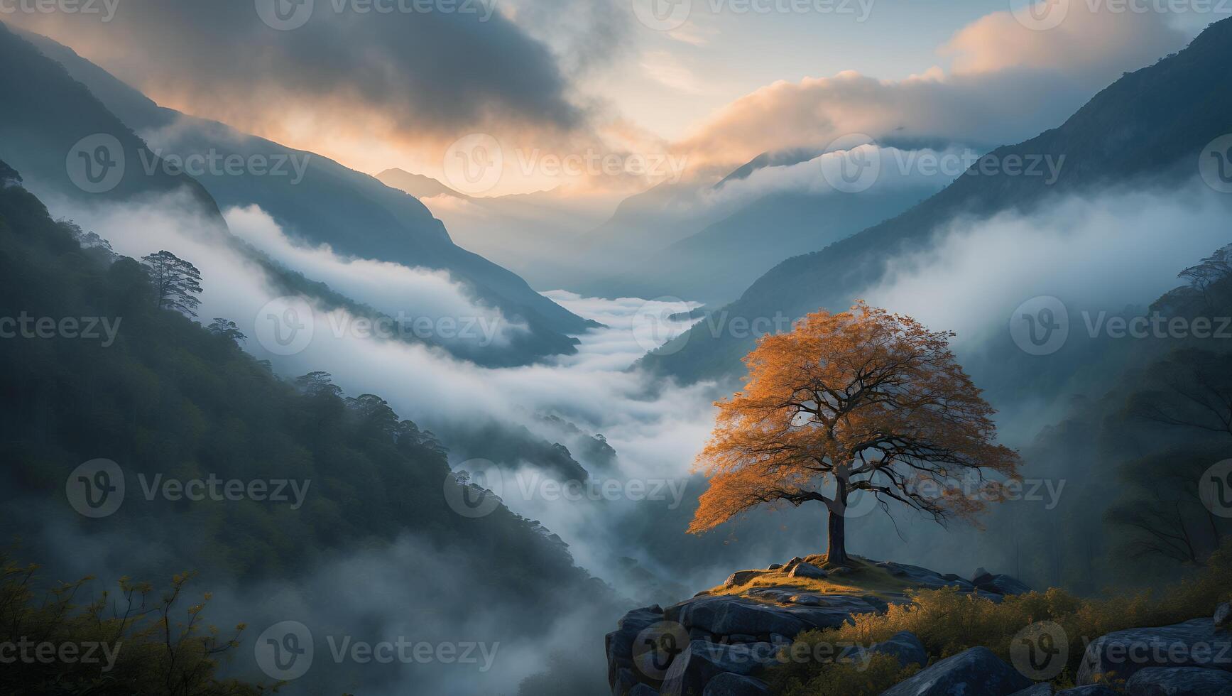 Lone Tree Standing on Cliff Overlooking Mountain Valley with Fog photo