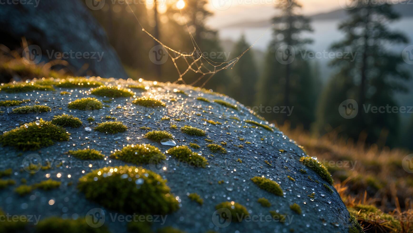 Mossy Rock with Water Droplets and Spiderweb in a Forest Setting photo