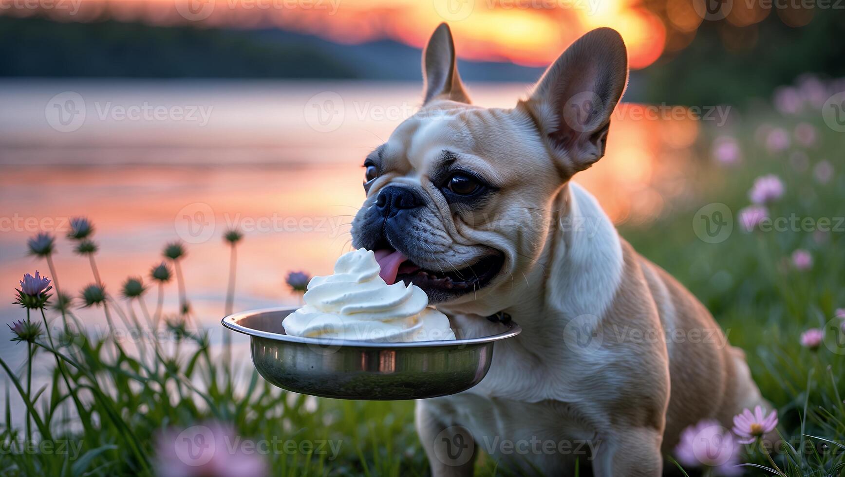 Dog Eating Whipped Cream Outdoors with Sunset Lake Background photo