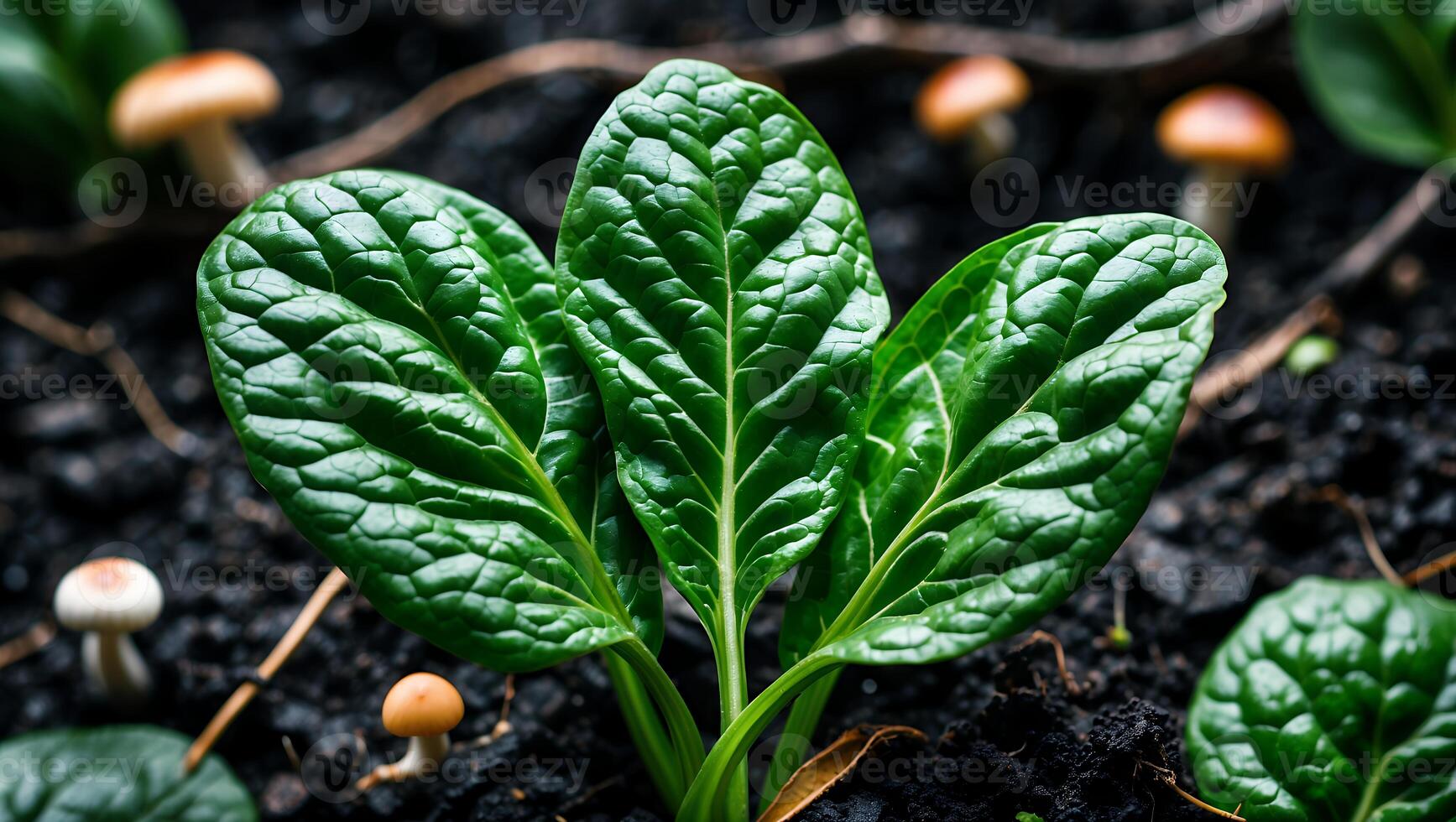 Close-up of Spinach Leaves Growing with Small Mushrooms in Soil photo