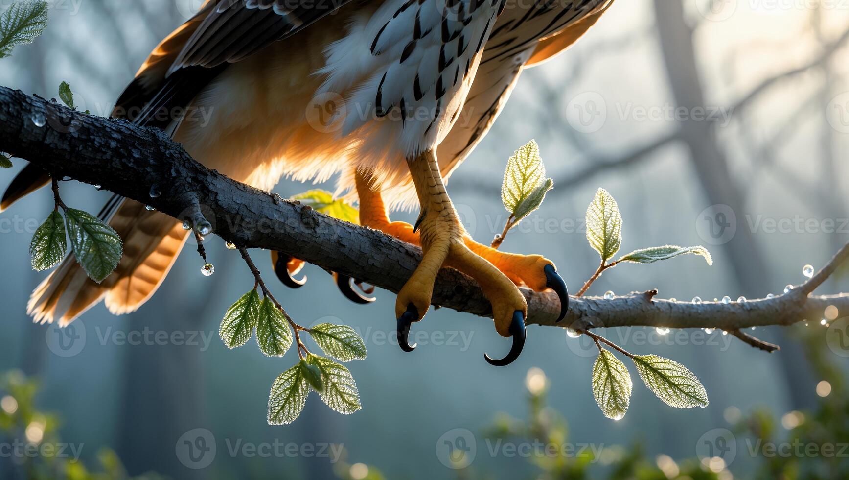 Bird Perching on Branch with Morning Dew in Misty Forest Light photo