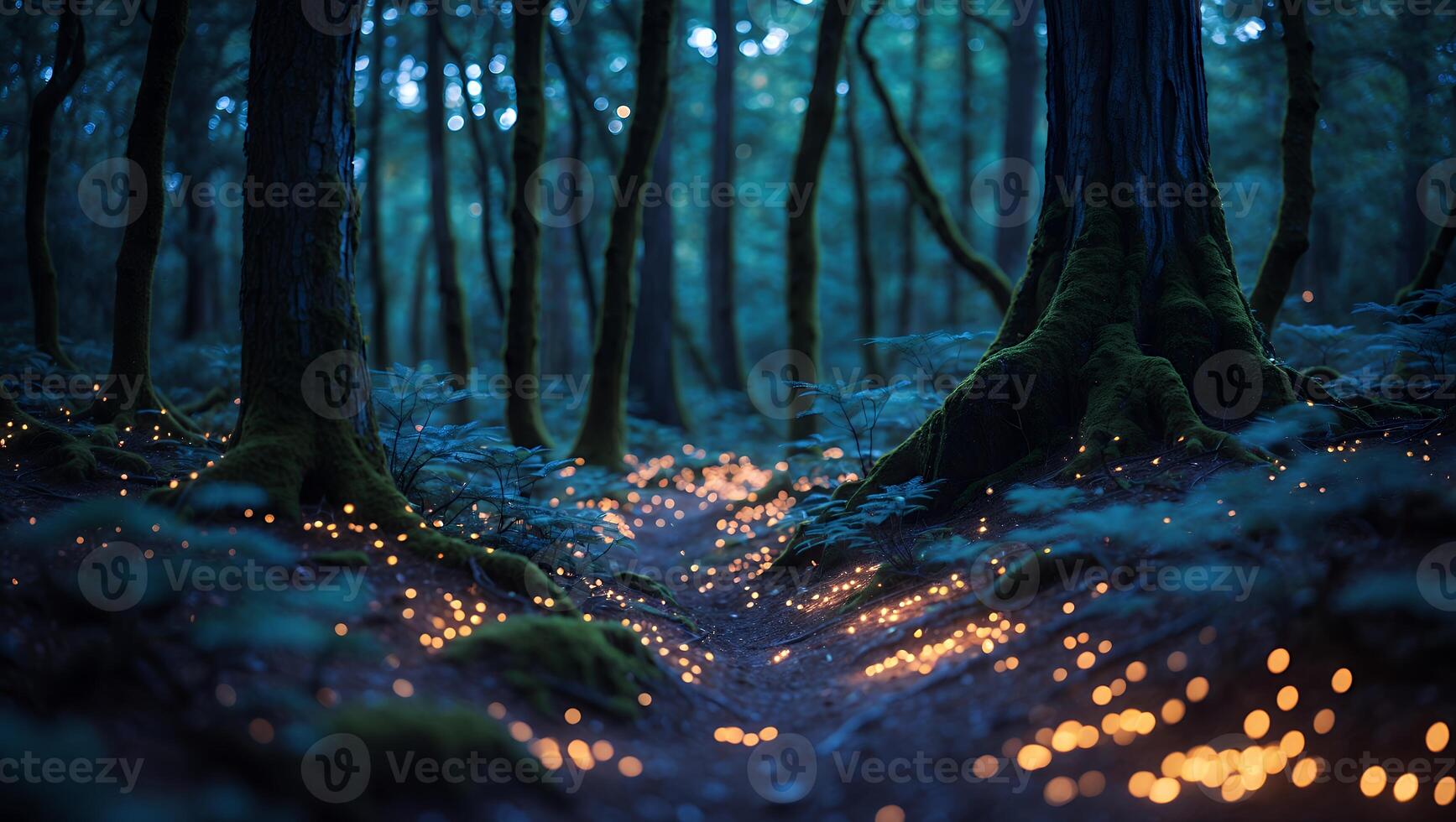 Walking Through Magical Forest Path with Glowing Lights Between Trees photo