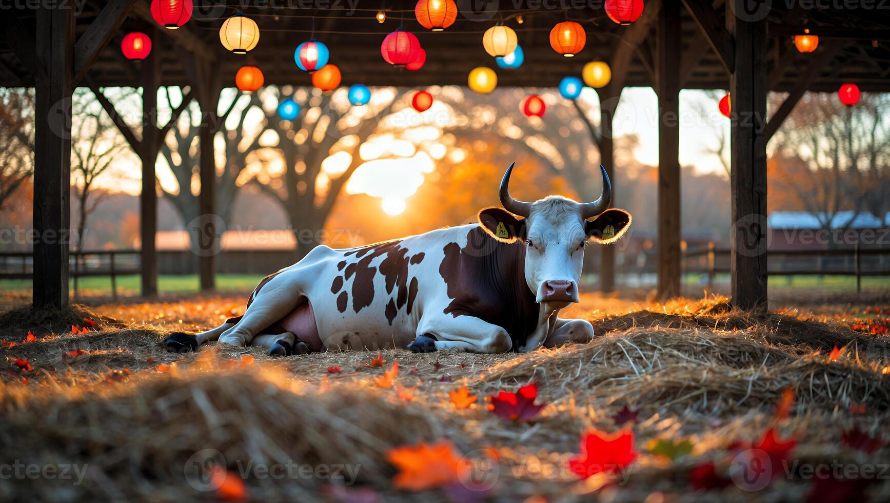 Cow Resting in Hay Under Lanterns at Sunset in Autumn photo