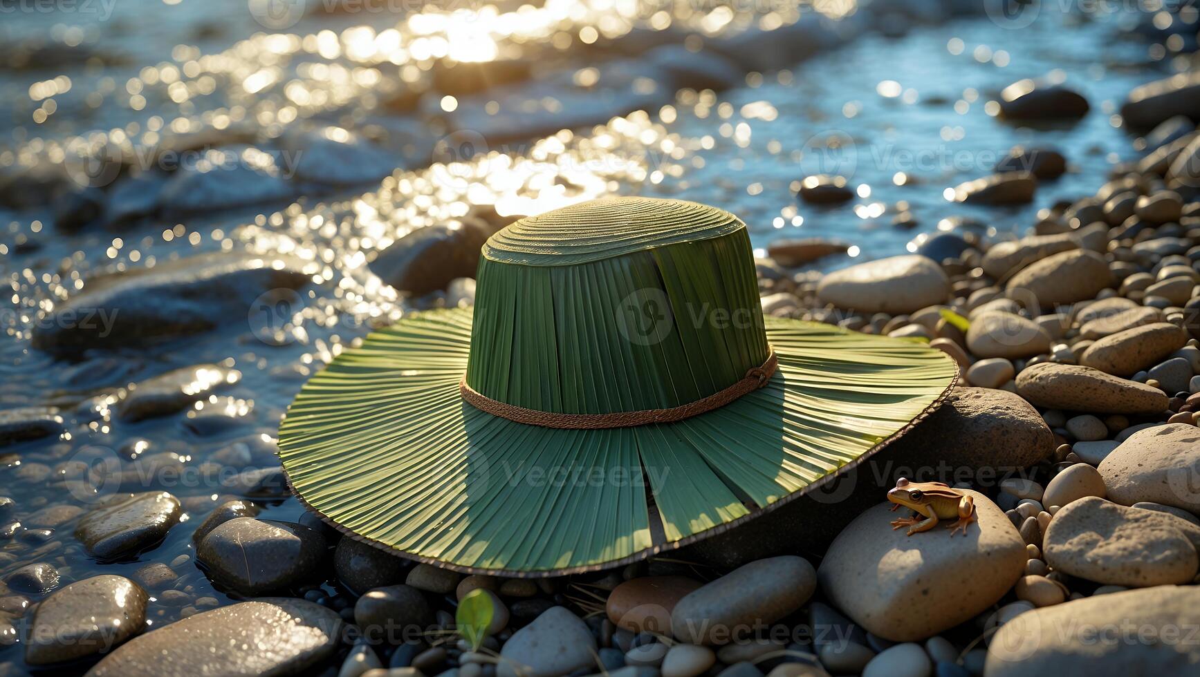 Green Hat on Rocky Shore with Small Frog Near Water photo