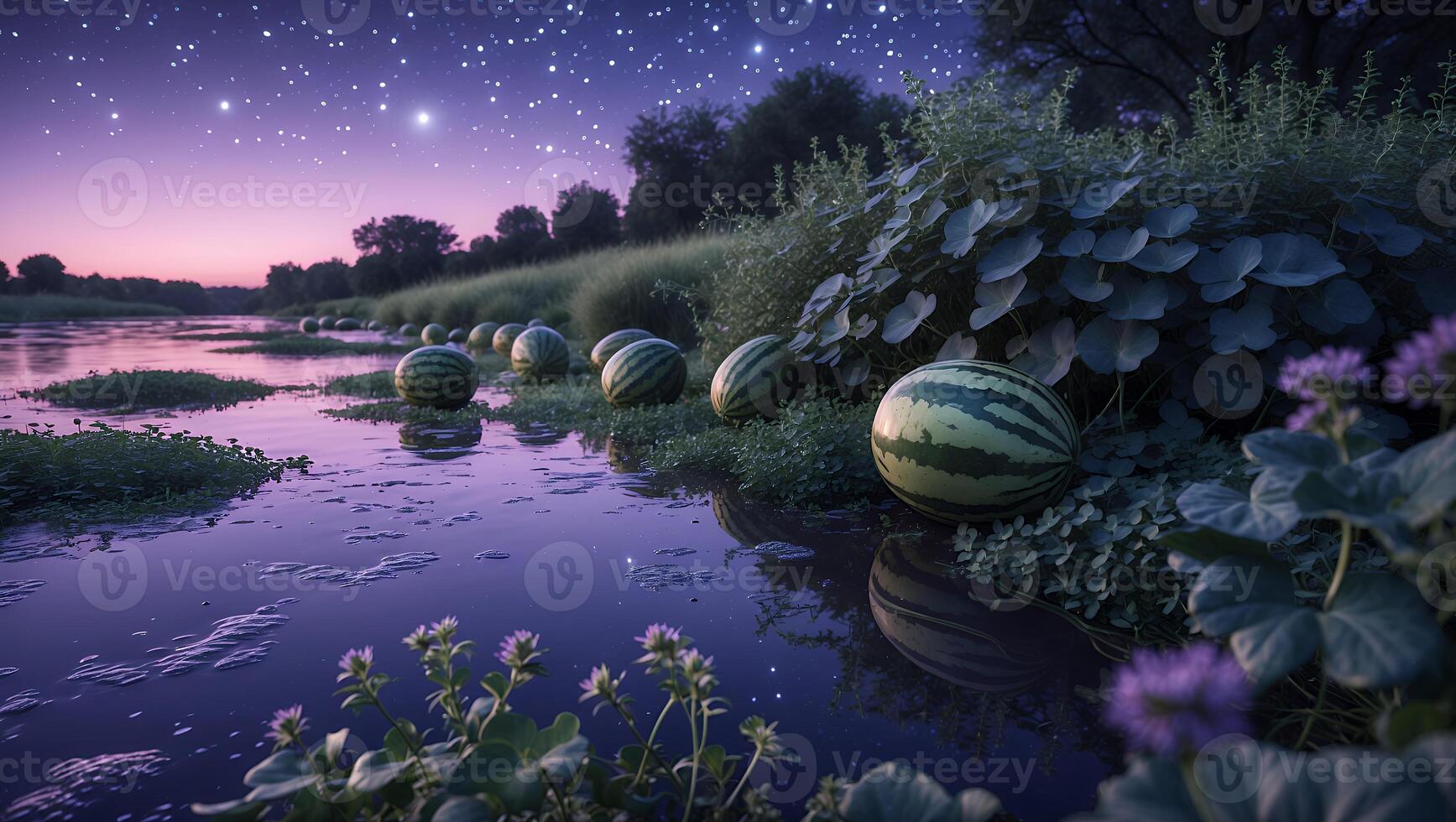 Watermelons by River at Twilight with Starry Sky Reflection photo