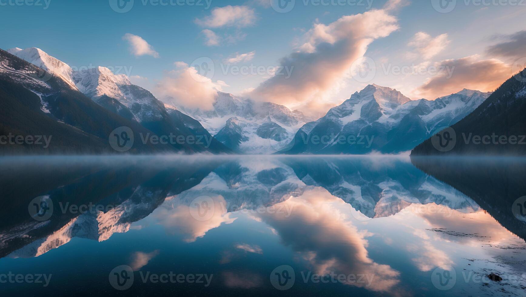 Mountains Reflecting in Calm Lake with Fog and Cloudy Sky photo