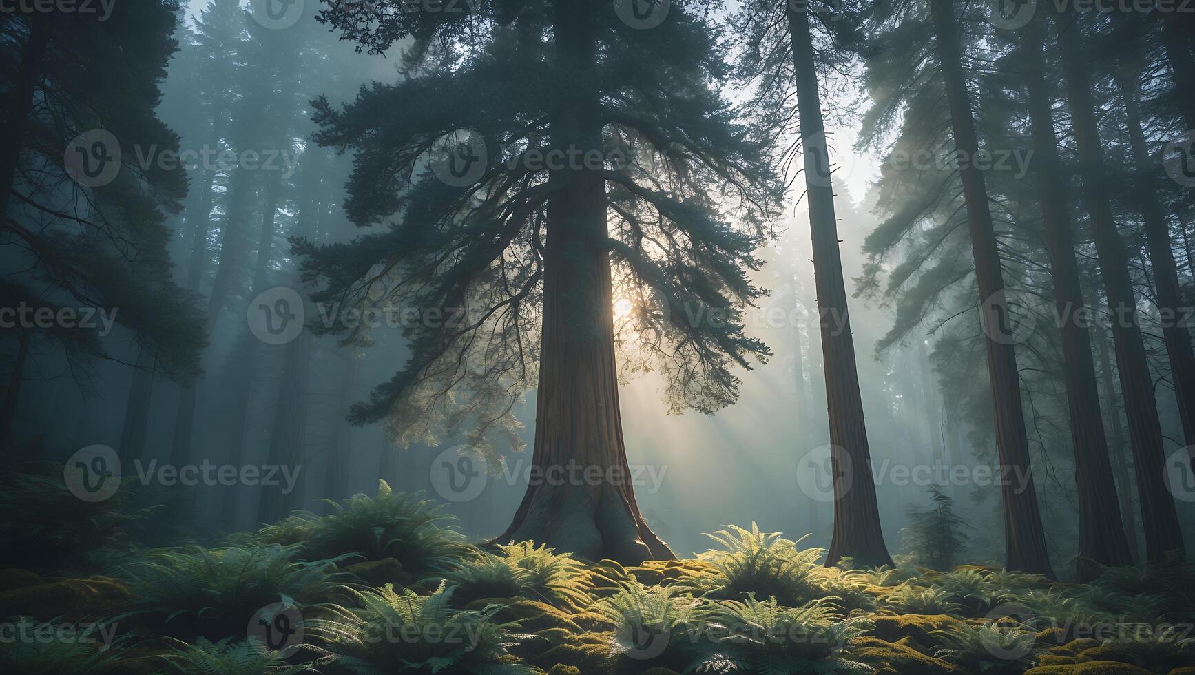 Sunlight Streaming Through Forest Trees with Ferns and Moss Ground photo
