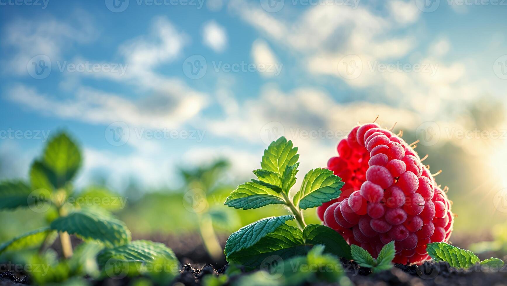 Raspberry Growing with Mint on Field with Blue Sky photo