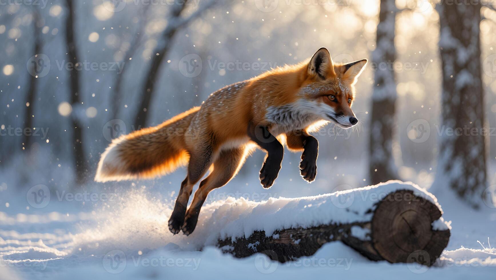 Fox Leaping Over Snowy Log in Winter Forest Scene photo