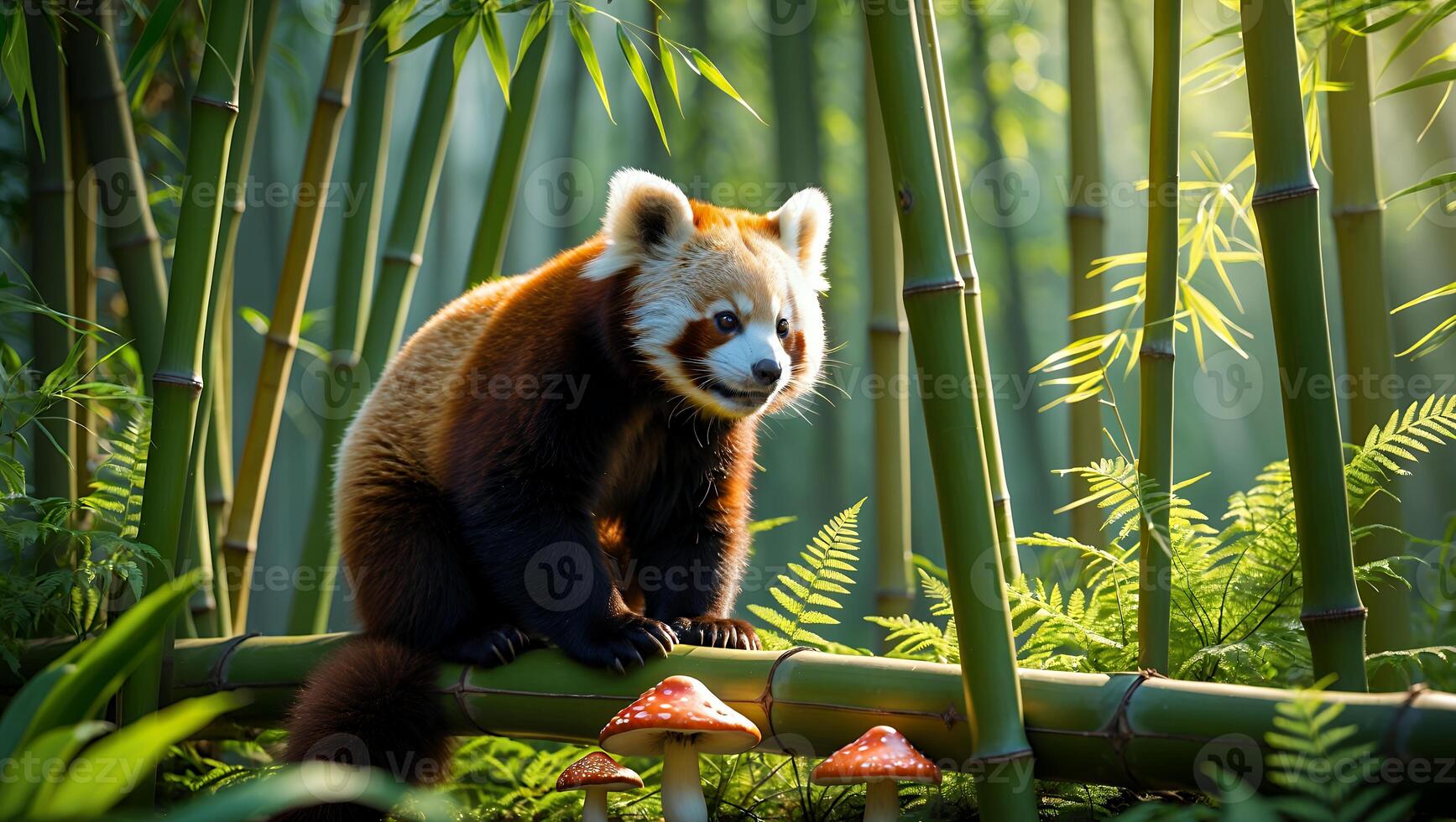 Red Panda Sitting in Bamboo Forest with Mushrooms Below photo