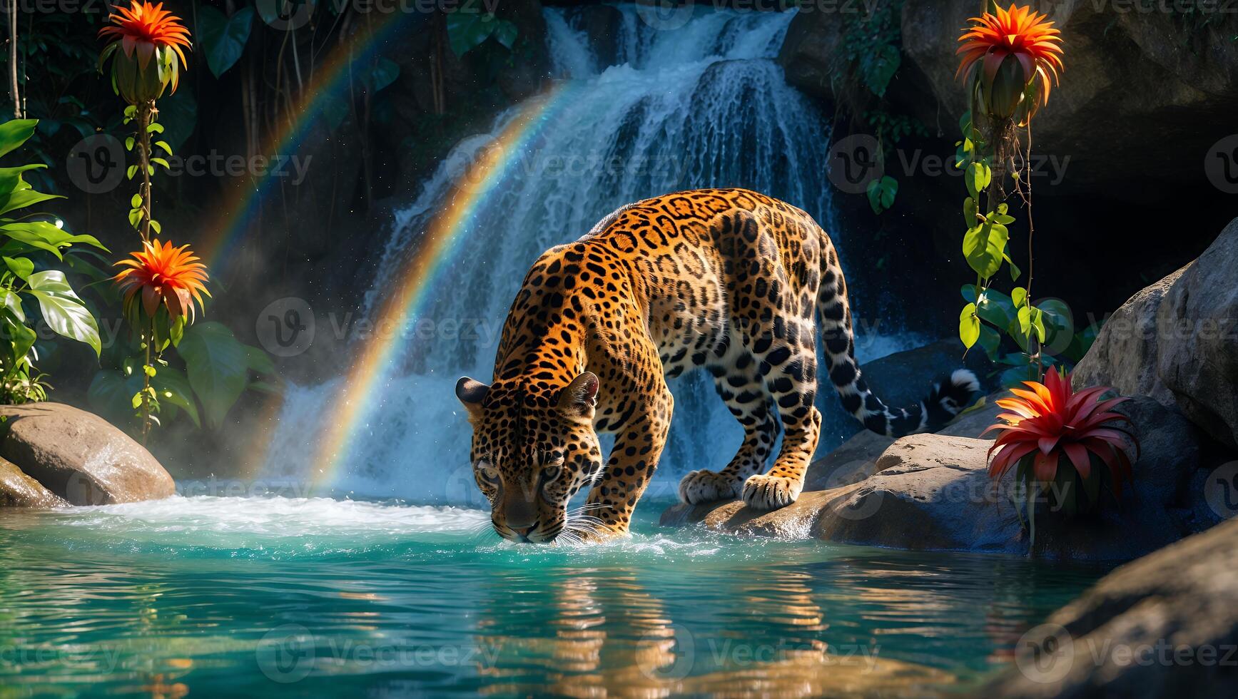Jaguar Drinking Water at Waterfall with Rainbow in Lush Nature photo