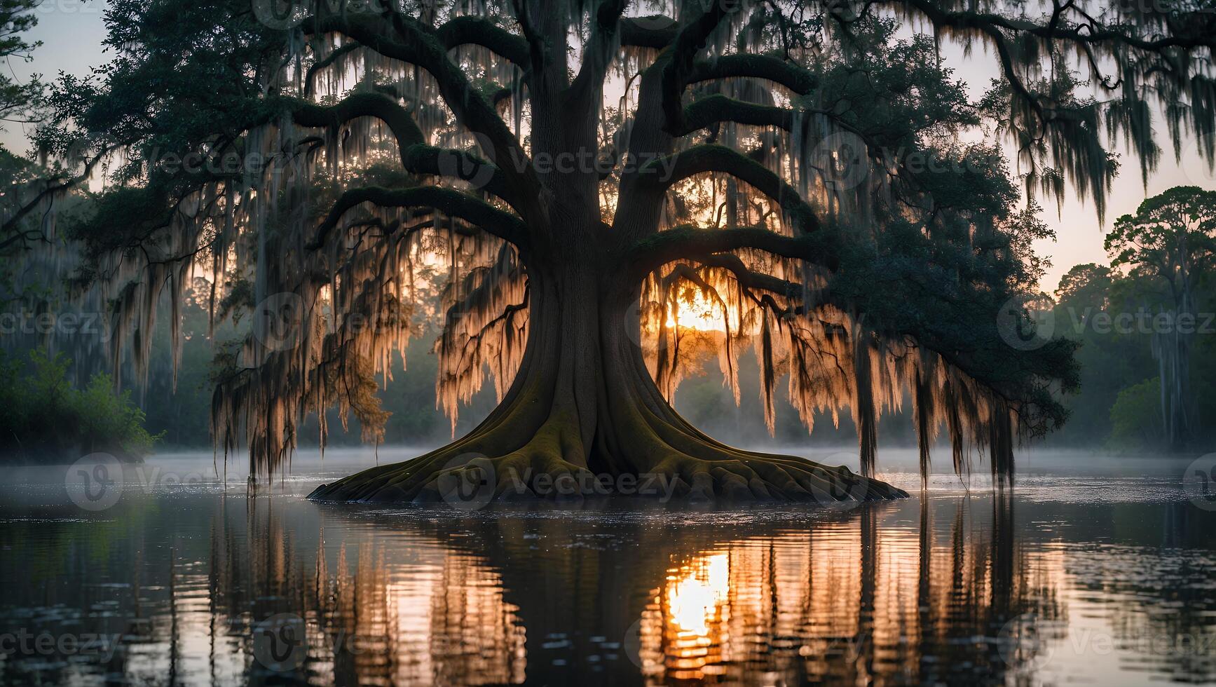 Magnificent Tree Standing in Water at Sunrise Creating Dreamy Landscape photo