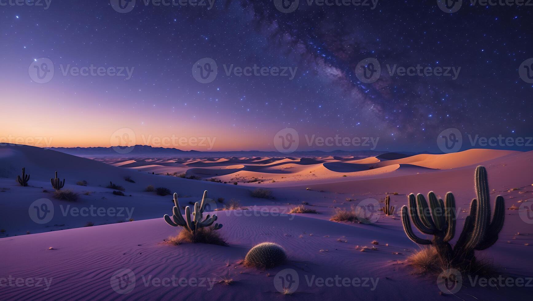 Desert Night Sky Landscape with Cactus and Sand Dunes photo