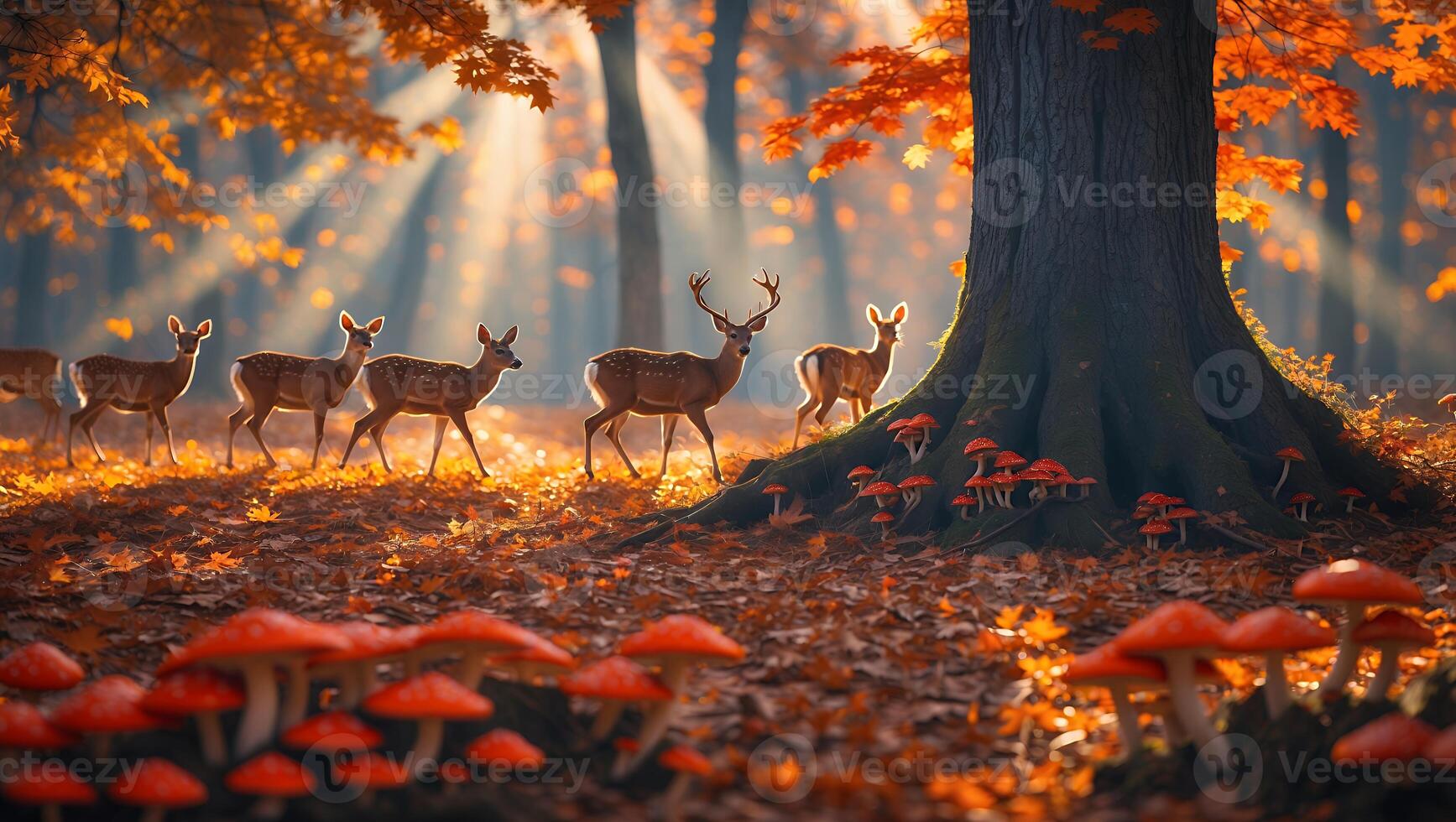 Deer Walking Through Autumn Forest with Sun Rays and Mushrooms photo