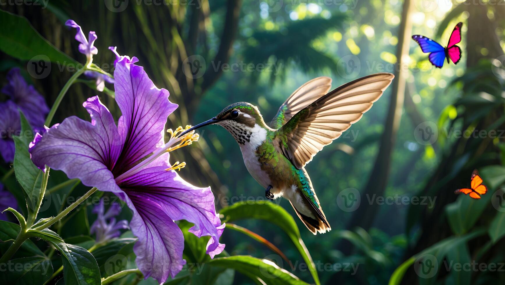 Hummingbird Drinking From Flower Nectar with Butterflies in Tropical Forest photo