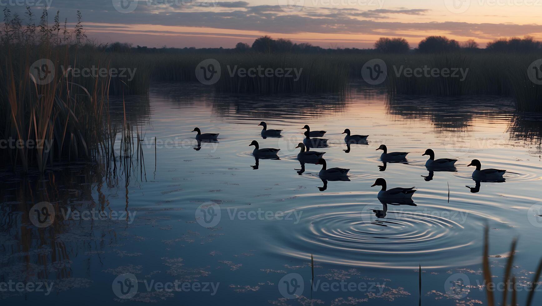 Ducks Swimming on Calm Water Surface with Ripples at Dusk photo