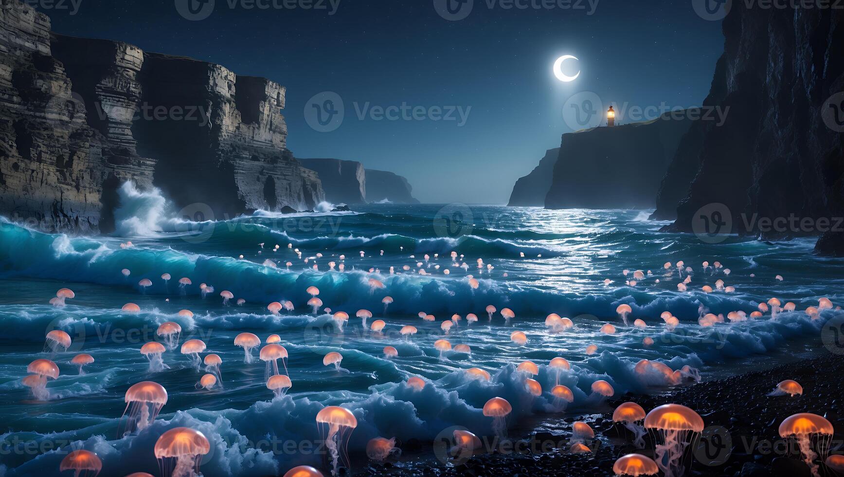 Glowing Jellyfish in Ocean Waves Under Moonlit Sky with Lighthouse photo