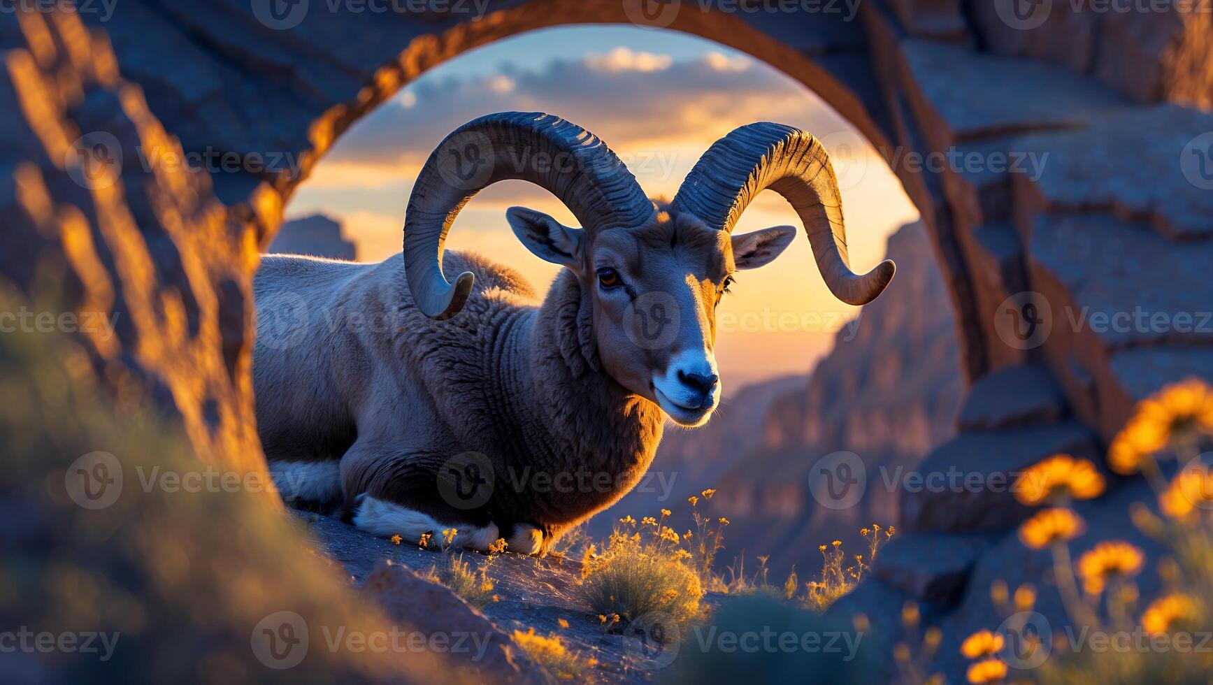 Ram Resting Peacefully in Rock Archway with Colorful Sunset View photo