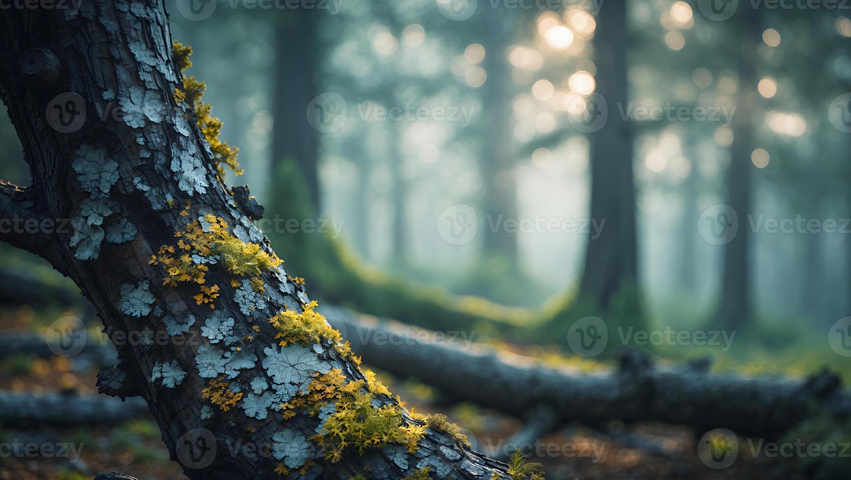 Mossy Tree in Forest Sunlight Creating a Misty Atmospheric Scene photo