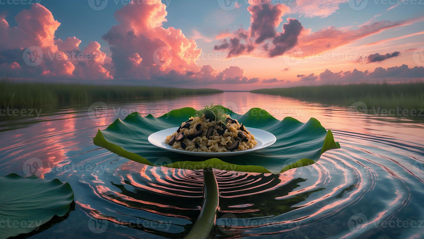 Risotto Dish on Lotus Leaf Floating in Serene Waterway at Sunset photo