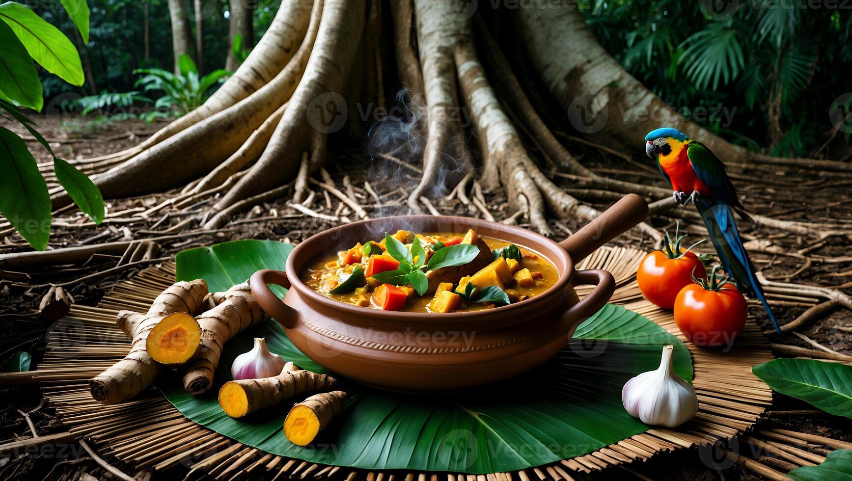 Hot Vegetable Curry Stew in Pot with Tropical Forest Backdrop photo