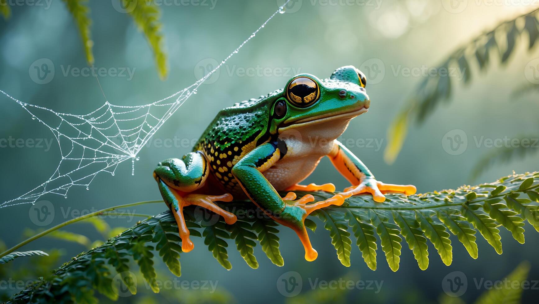 Frog Sitting on Fern Leaf with Dew-covered Spiderweb in Background photo