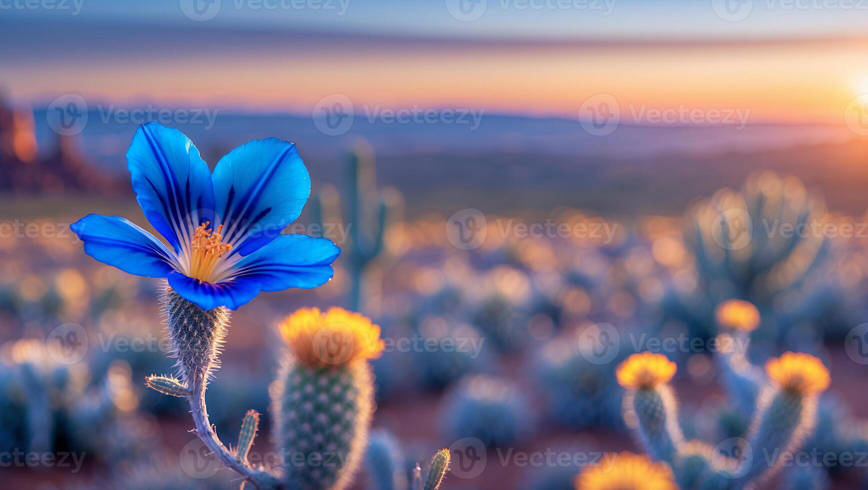 Blue Flower in Desert at Sunset with Cactus and Mountain Backdrop photo