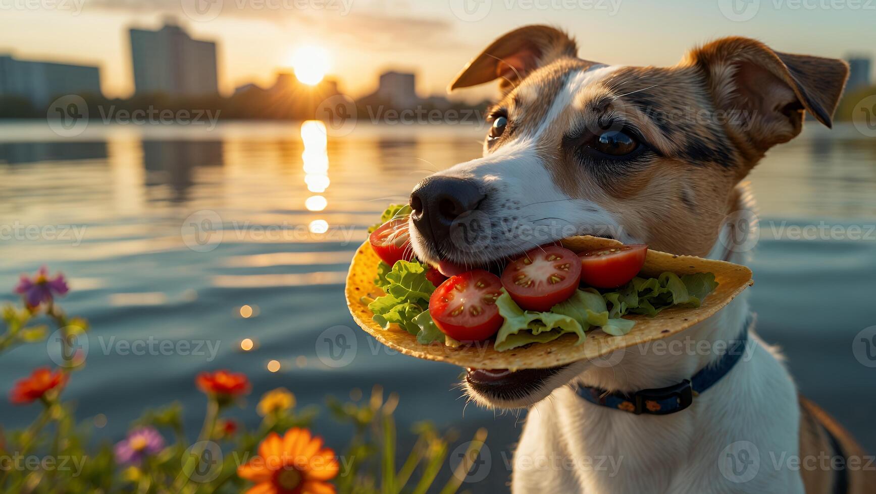 Dog Holding Taco by Lake with Sunset in Background Outdoors photo