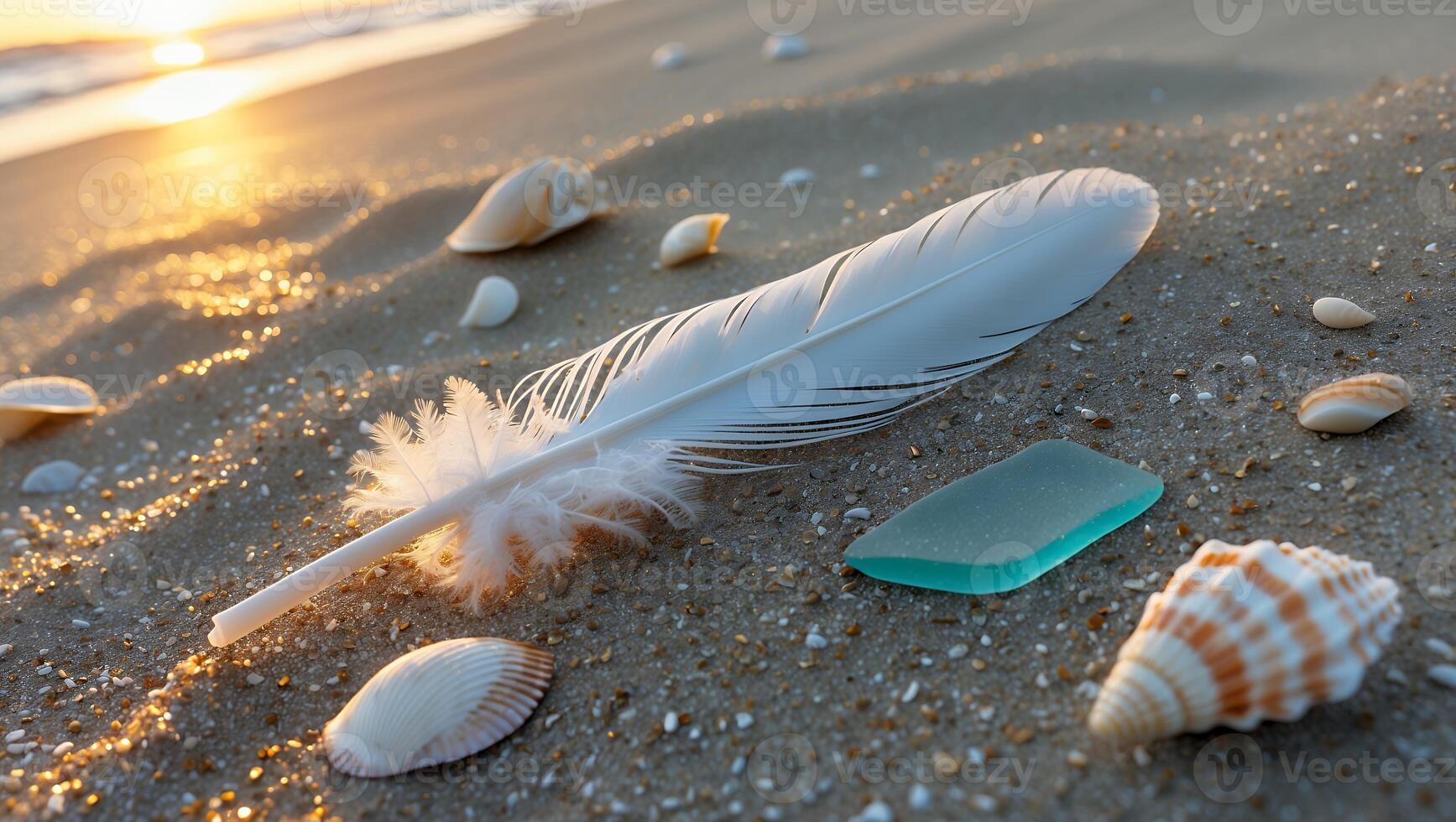 Seashore Still Life with White Feather and Sea Glass at Sunset photo