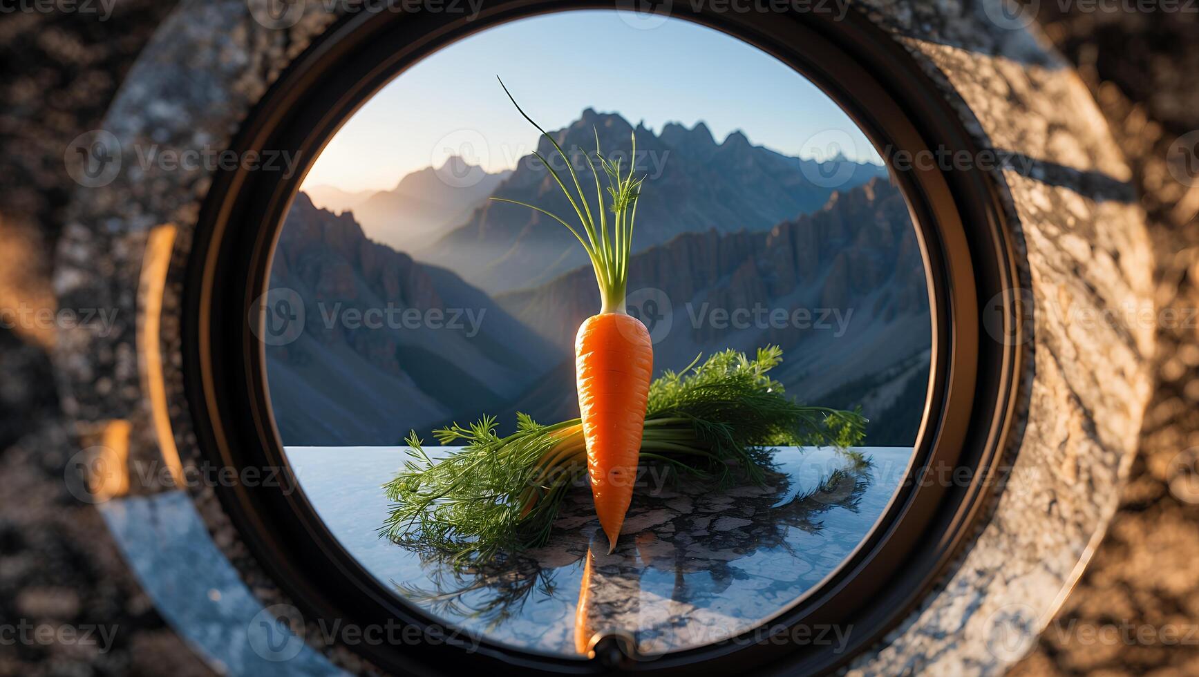 Carrot Still Life Reflected Against Mountain Scenery Through Stone Circle Frame photo