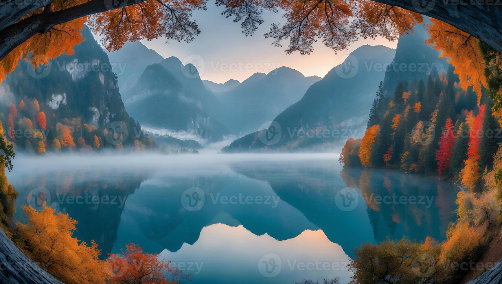 Reflective Lake Surrounded by Autumn Trees and Mountains in Fog photo