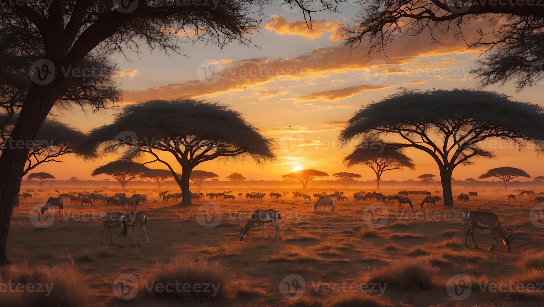 Antelope Grazing on Plains at Sunset with Silhouetted Trees photo