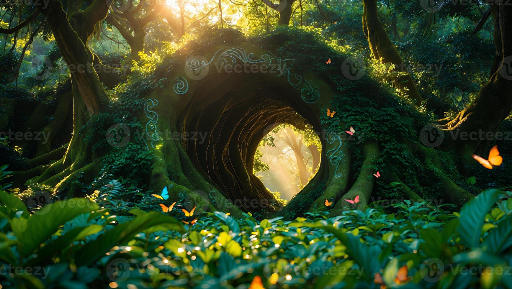 Enchanted Forest with Hollow Tree and Butterflies in Sunlight photo
