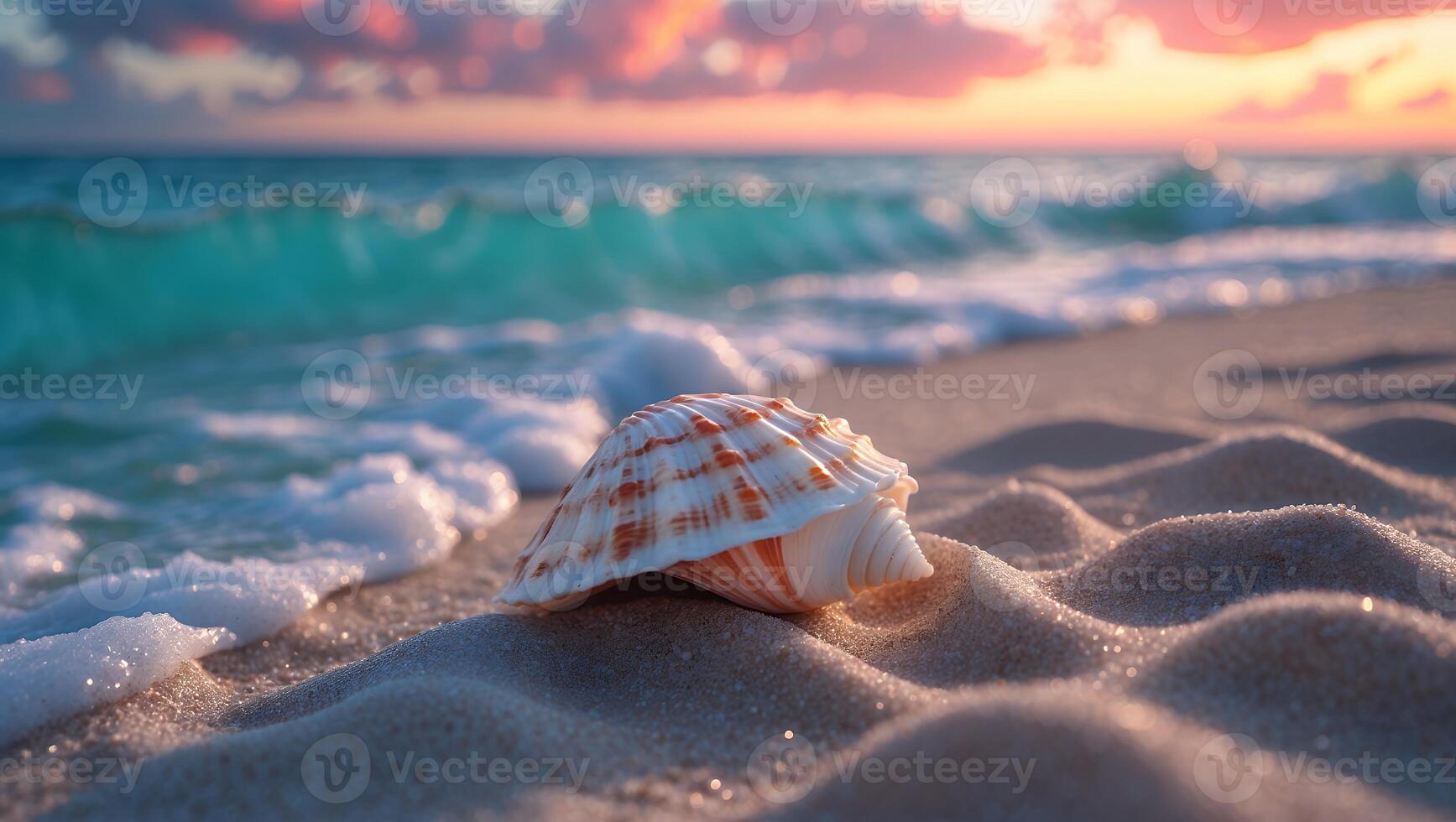 Seashell Resting on Sandy Beach with Waves at Sunset Scene photo