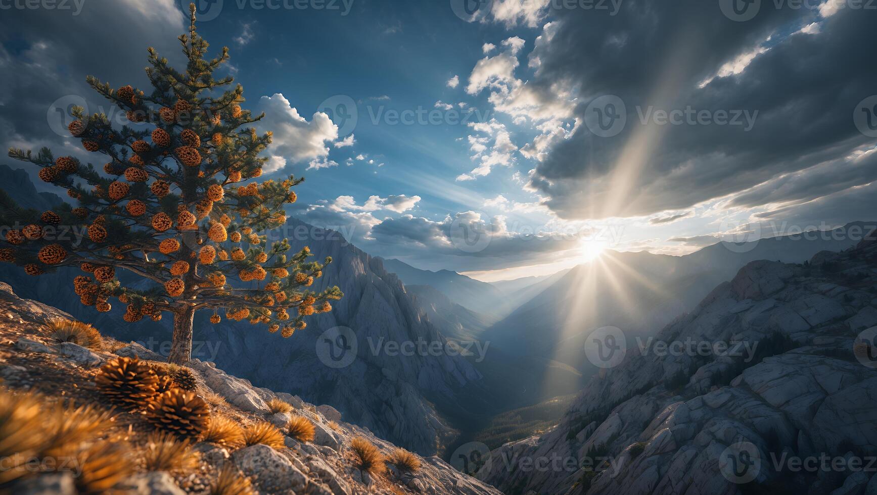 Pine Tree on Mountain Ridge at Sunset with Sun Rays photo