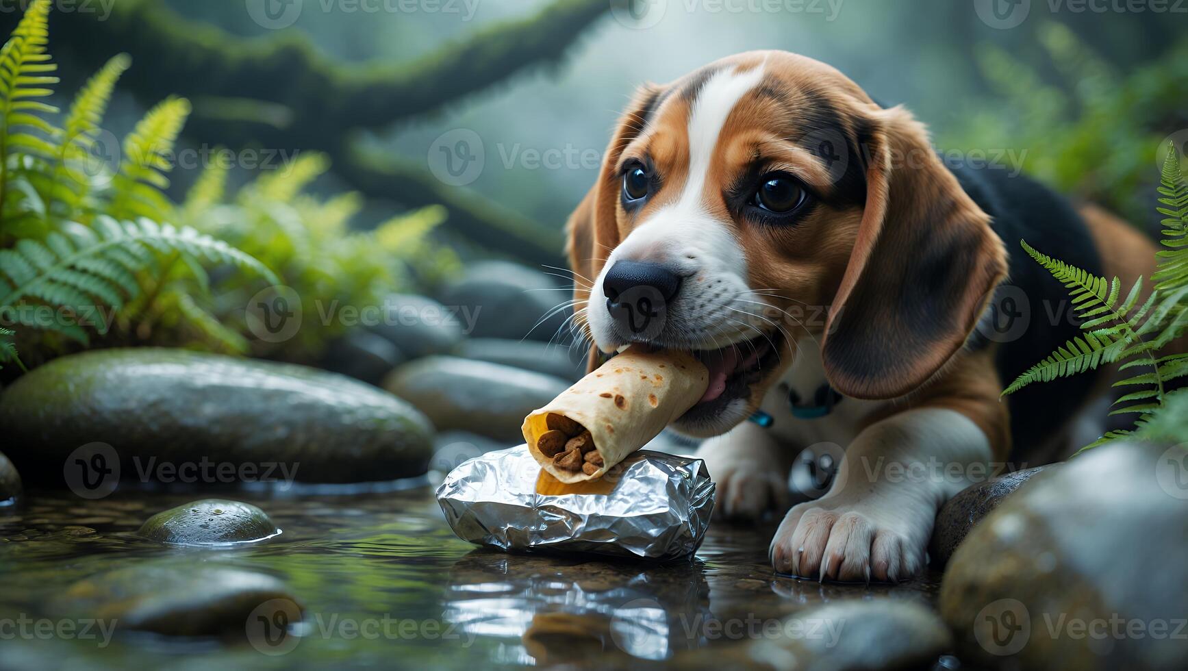 Dog Eating Wrap by Stream with Rocks and Greenery Outdoors photo