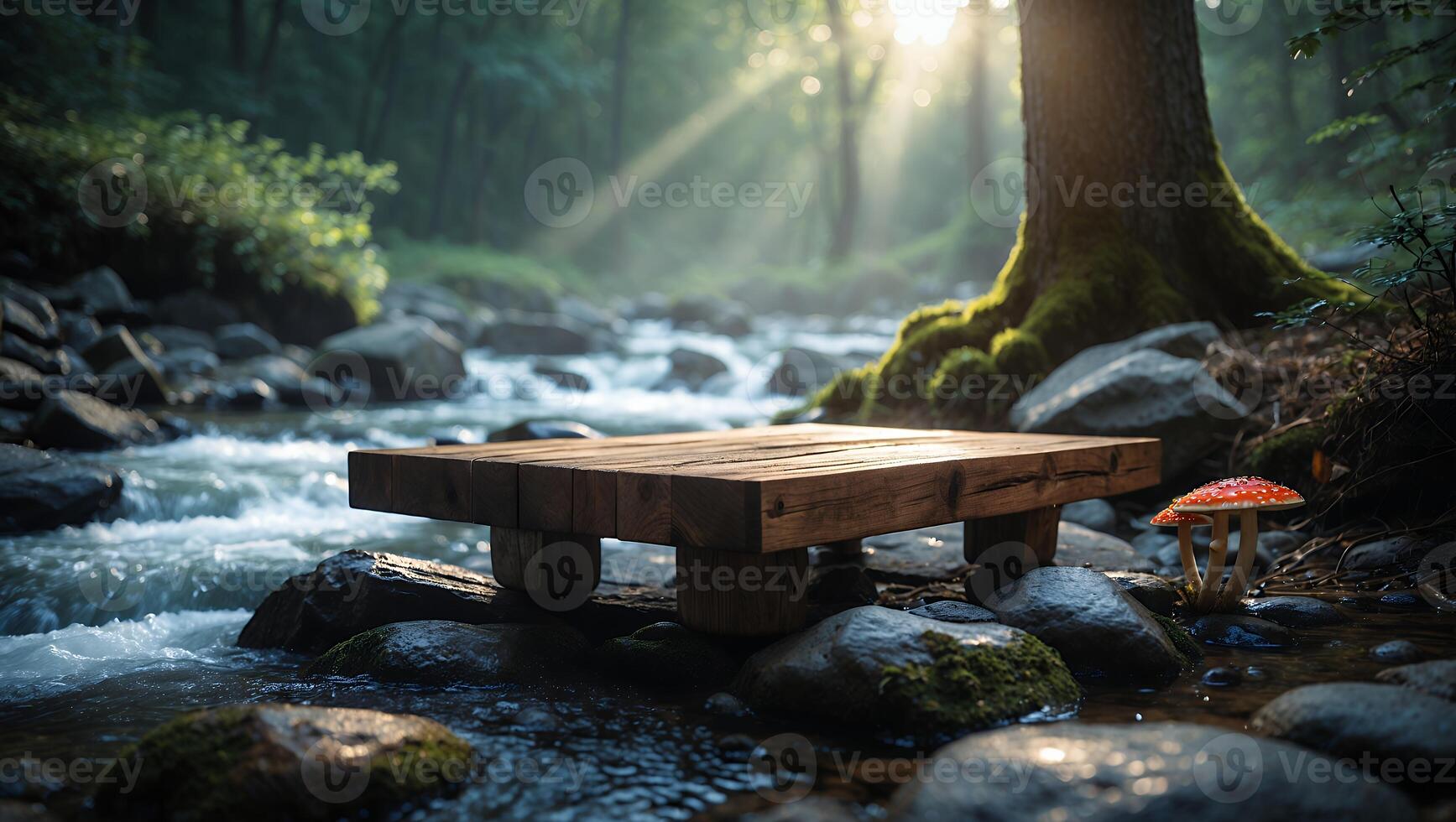 Wooden Platform in Serene Forest Stream with Sunlight and Wild Mushroom photo