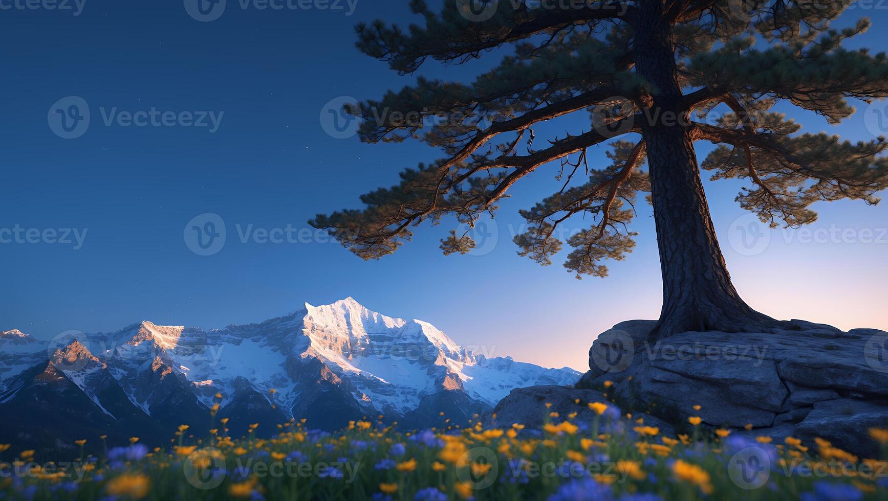Pine Tree on Rock Ledge Overlooking Snow Capped Mountain Range photo